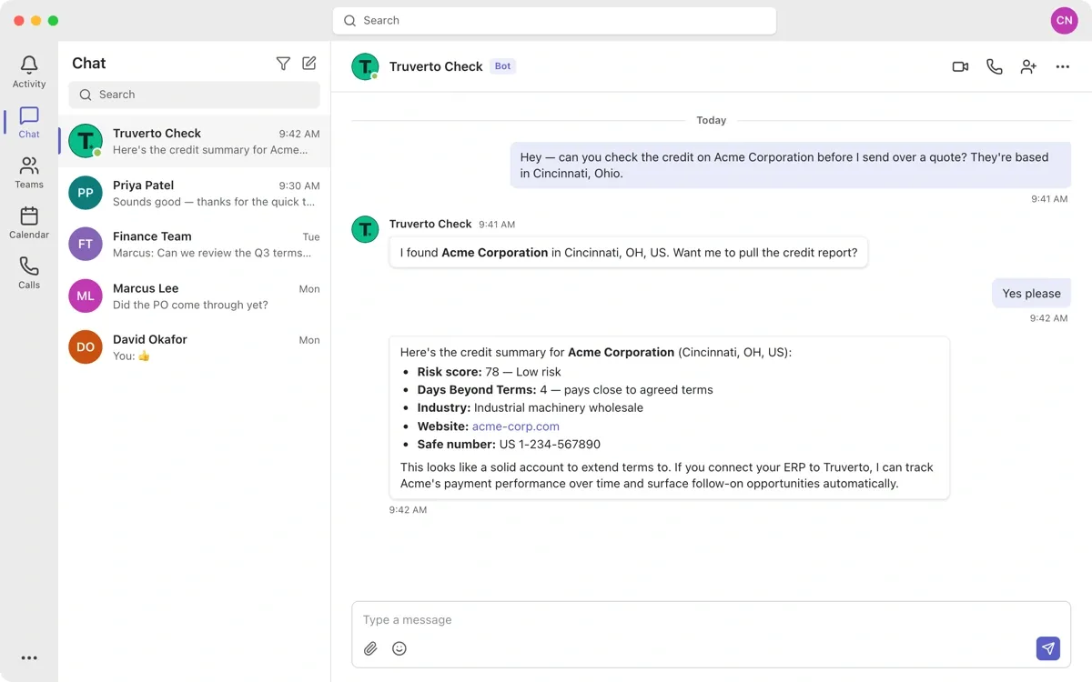 A Microsoft Teams chat in which the Truverto Check agent returns a credit summary for a customer: risk score, days beyond terms, industry and Safe Number